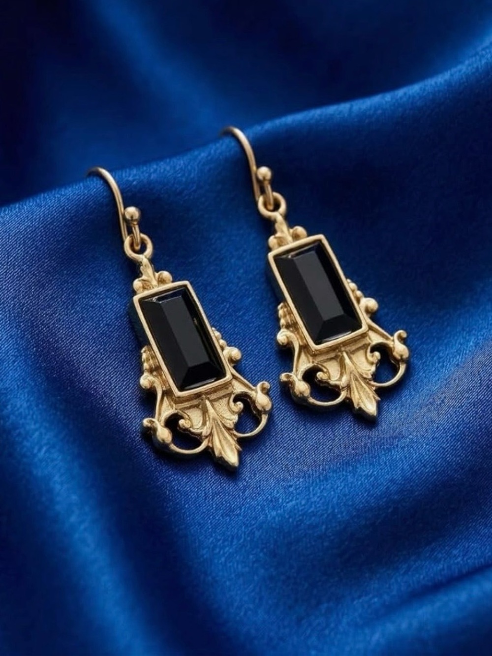 1928 Gold Tone Victorian Earrings with Black Faceted Stone